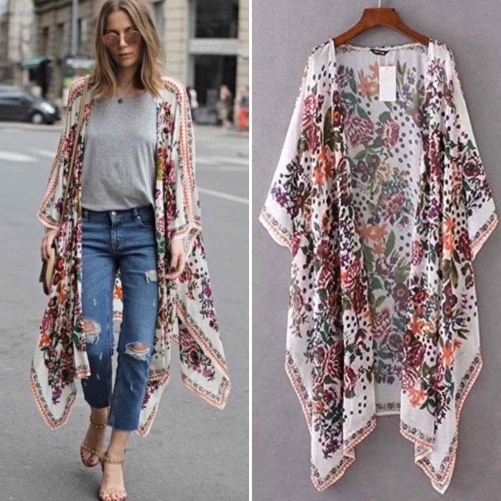 Long Floral Sheer Boho Kimono Duster
